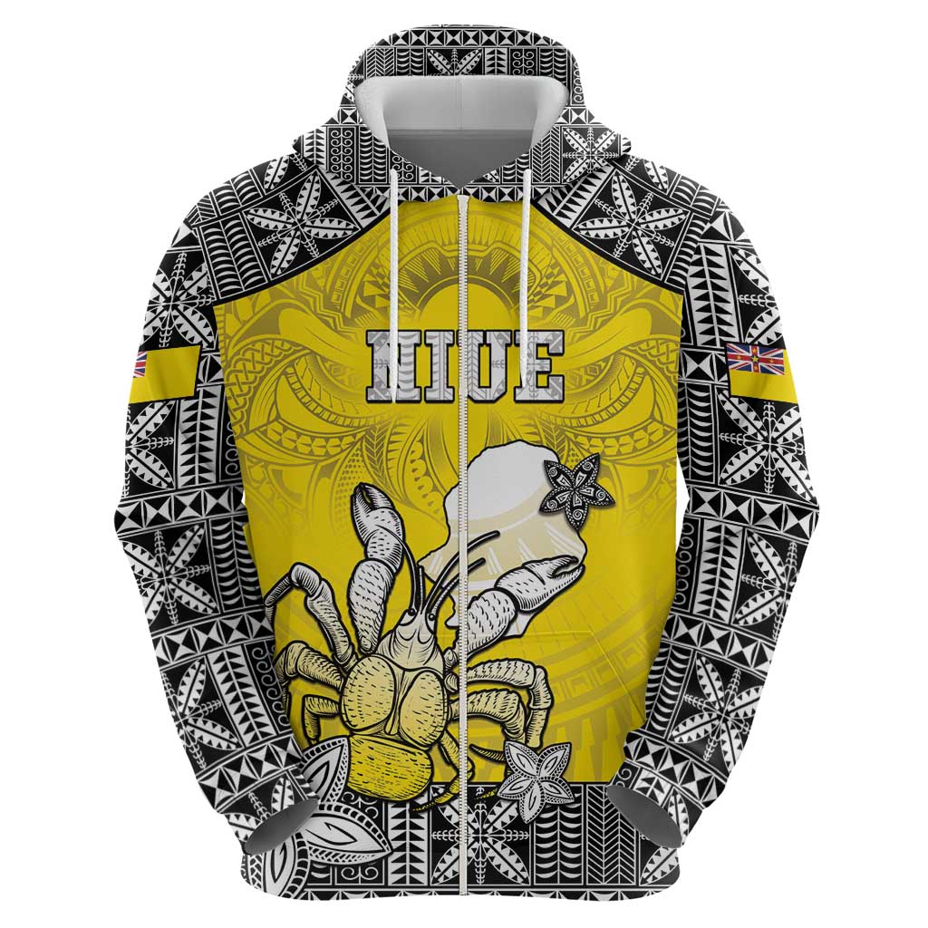 Personalised Happy Niue Constitution Day Zip Hoodie Niuean Crab Hiapo Pattern Yellow Version