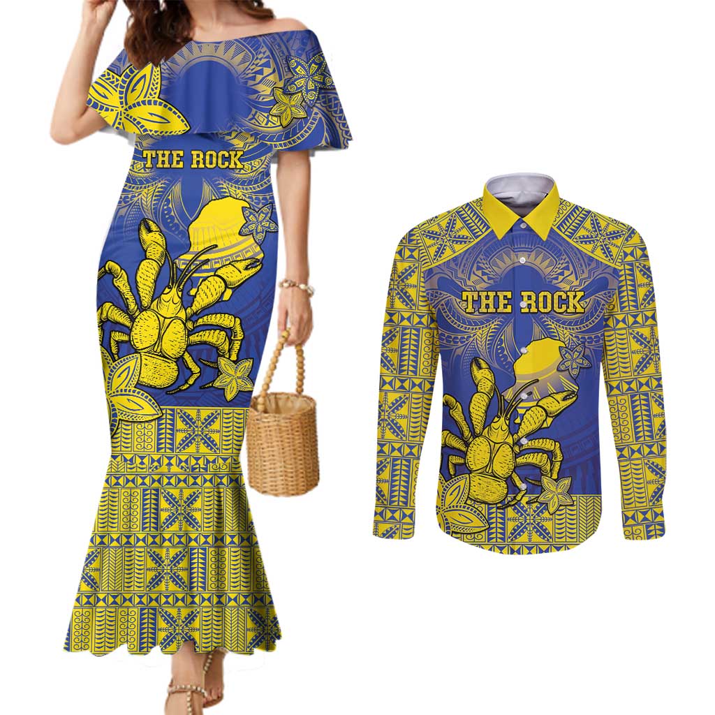 Personalised Niue The Rock Couples Matching Mermaid Dress and Long Sleeve Button Shirt Niuean Crab Hiapo Pattern Blue Version LT05 Blue - Polynesian Pride
