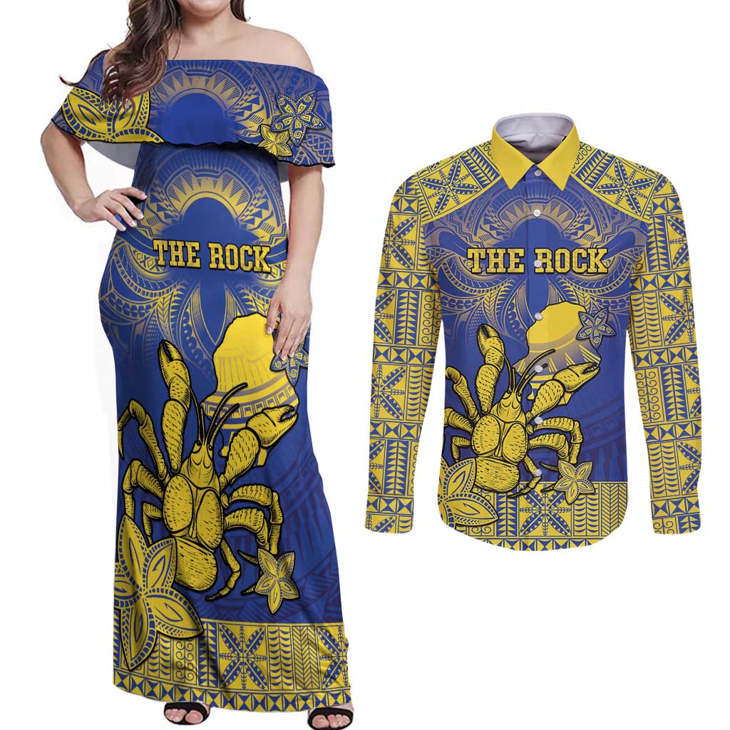 Personalised Niue The Rock Couples Matching Off Shoulder Maxi Dress and Long Sleeve Button Shirt Niuean Crab Hiapo Pattern Blue Version LT05 Blue - Polynesian Pride