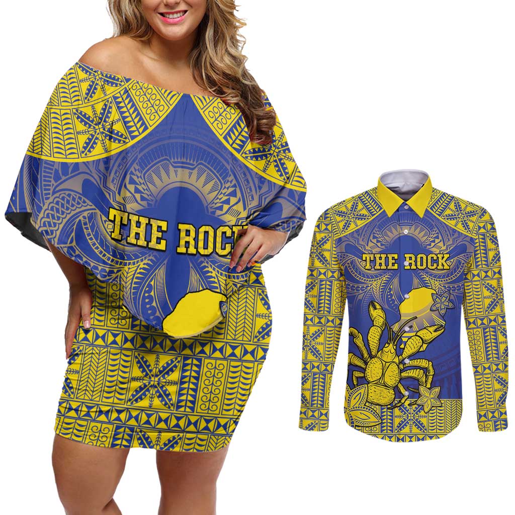 Personalised Niue The Rock Couples Matching Off Shoulder Short Dress and Long Sleeve Button Shirt Niuean Crab Hiapo Pattern Blue Version LT05 Blue - Polynesian Pride