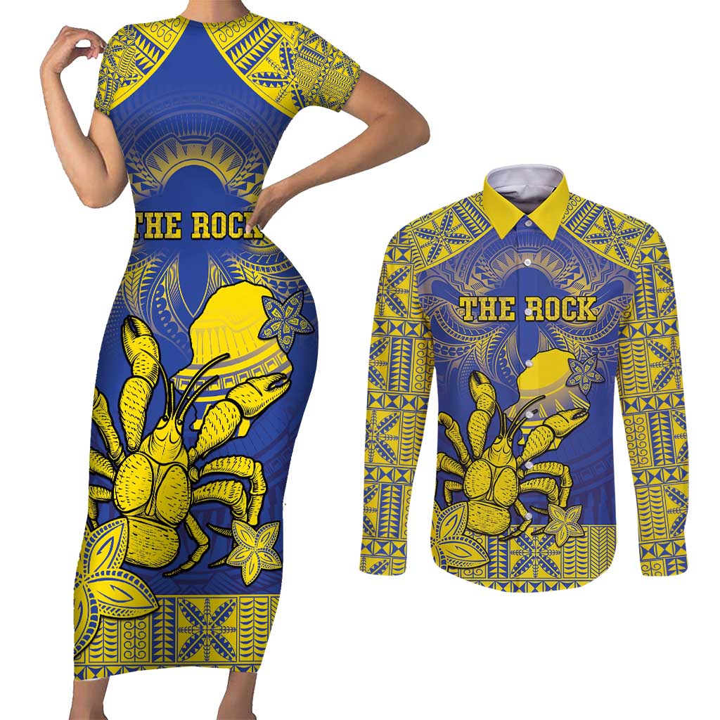 Personalised Niue The Rock Couples Matching Short Sleeve Bodycon Dress and Long Sleeve Button Shirt Niuean Crab Hiapo Pattern Blue Version LT05 Blue - Polynesian Pride