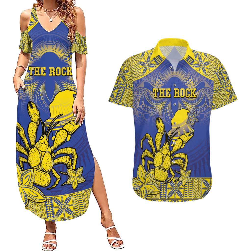 Personalised Niue The Rock Couples Matching Summer Maxi Dress and Hawaiian Shirt Niuean Crab Hiapo Pattern Blue Version LT05 Blue - Polynesian Pride