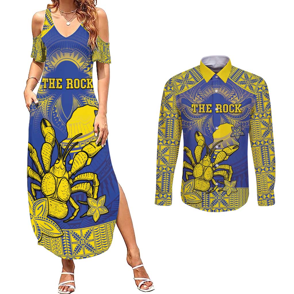 Personalised Niue The Rock Couples Matching Summer Maxi Dress and Long Sleeve Button Shirt Niuean Crab Hiapo Pattern Blue Version LT05 Blue - Polynesian Pride