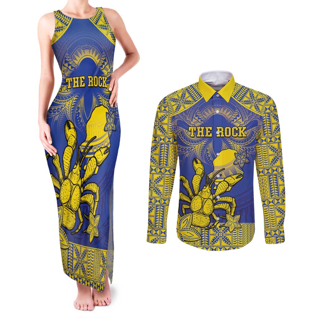 Personalised Niue The Rock Couples Matching Tank Maxi Dress and Long Sleeve Button Shirt Niuean Crab Hiapo Pattern Blue Version LT05 Blue - Polynesian Pride