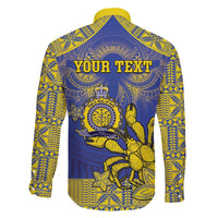 Personalised Niue The Rock Family Matching Off The Shoulder Long Sleeve Dress and Hawaiian Shirt Niuean Crab Hiapo Pattern Blue Version