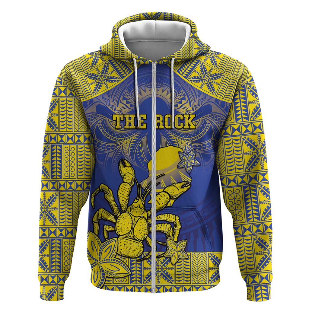 Personalised Niue The Rock Hoodie Niuean Crab Hiapo Pattern Blue Version