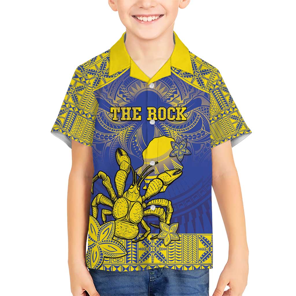 Personalised Niue The Rock Kid Hawaiian Shirt Niuean Crab Hiapo Pattern Blue Version