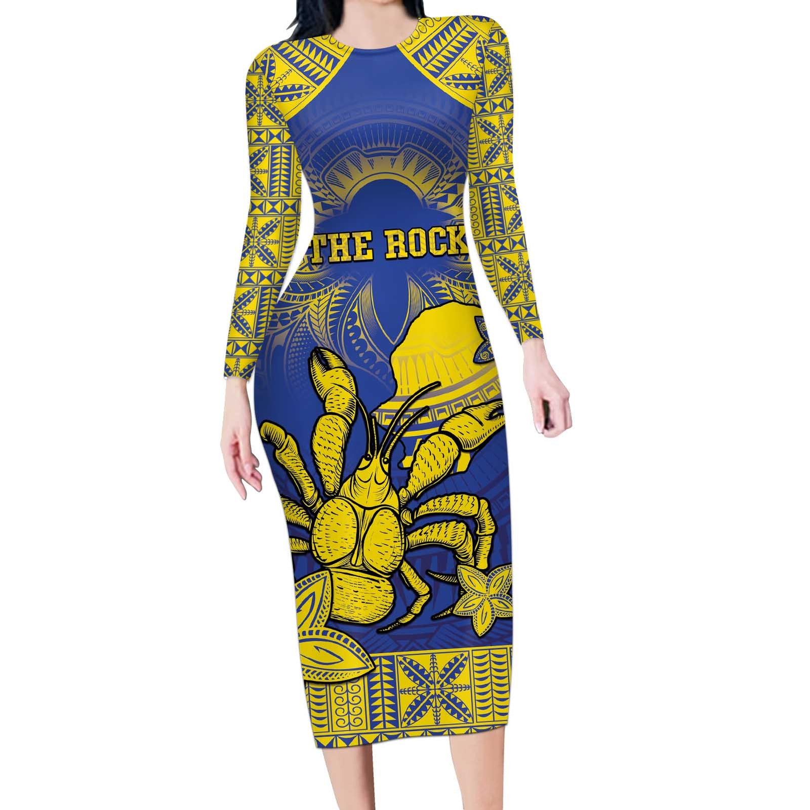Personalised Niue The Rock Long Sleeve Bodycon Dress Niuean Crab Hiapo Pattern Blue Version LT05 Long Dress Blue - Polynesian Pride