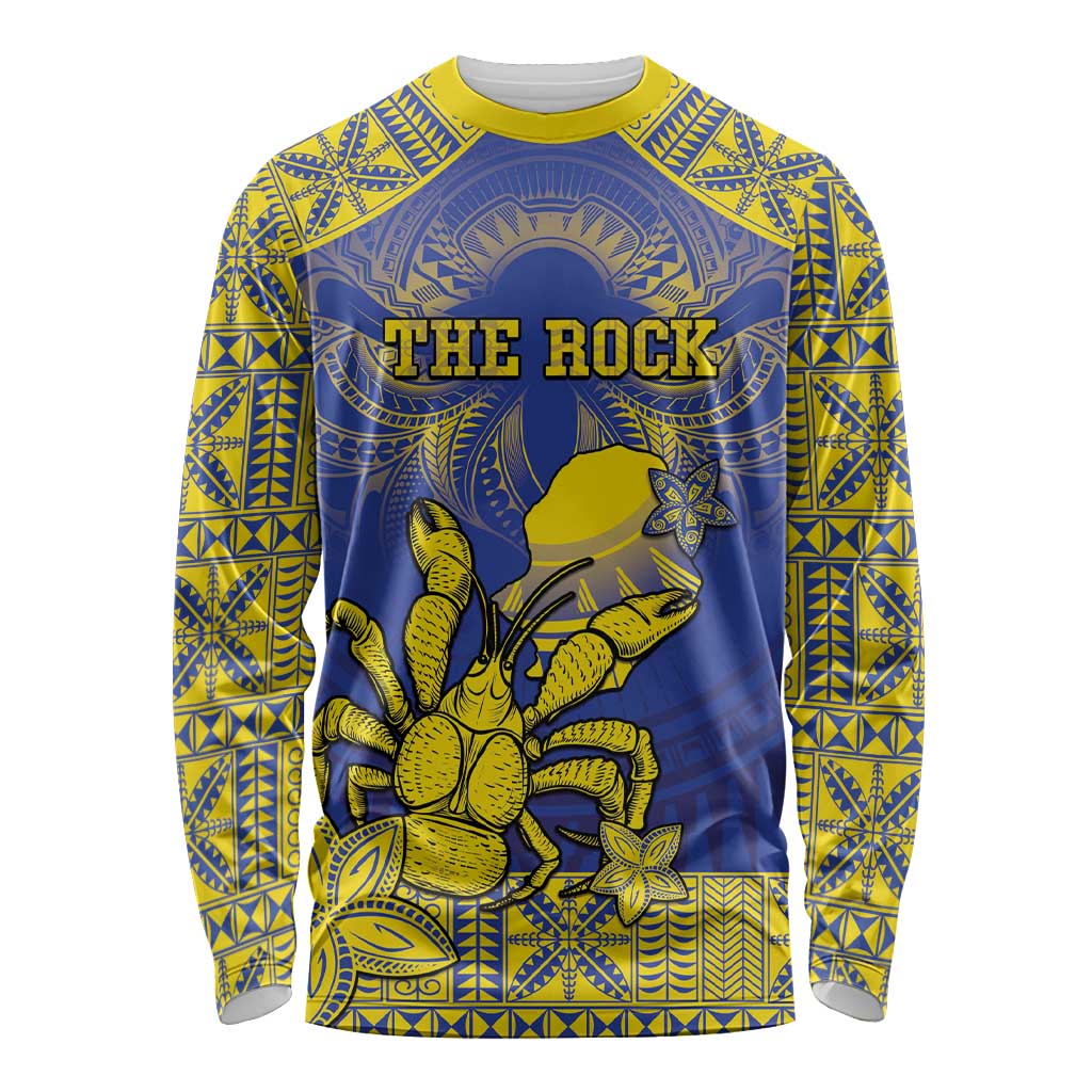 Personalised Niue The Rock Long Sleeve Shirt Niuean Crab Hiapo Pattern Blue Version LT05 Unisex Blue - Polynesian Pride