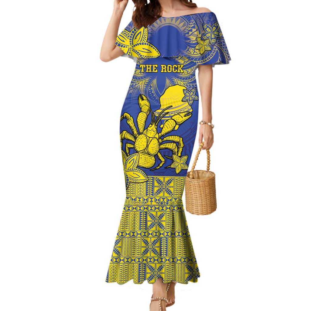 Personalised Niue The Rock Mermaid Dress Niuean Crab Hiapo Pattern Blue Version LT05 Women Blue - Polynesian Pride