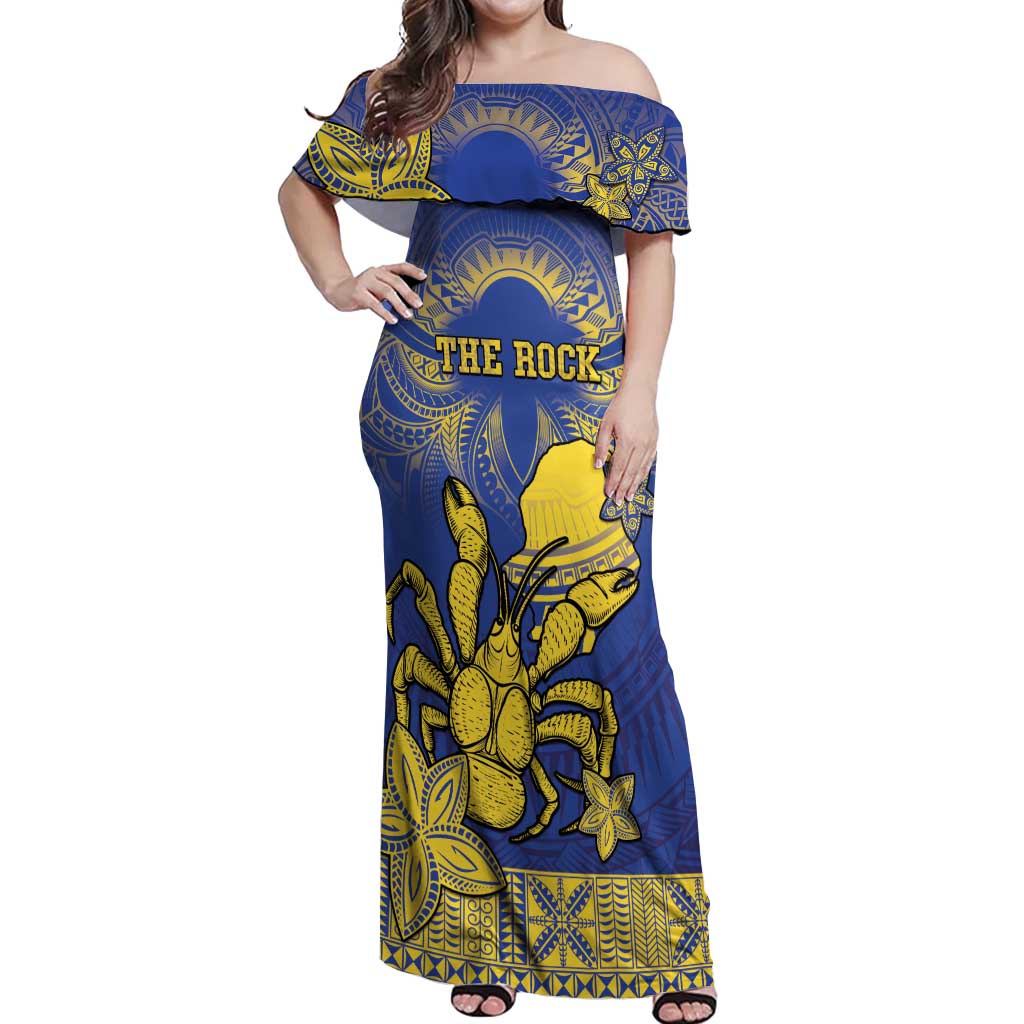 Personalised Niue The Rock Off Shoulder Maxi Dress Niuean Crab Hiapo Pattern Blue Version LT05 Women Blue - Polynesian Pride