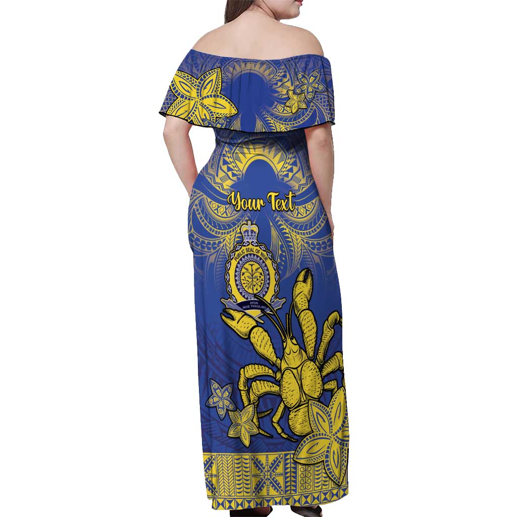 Personalised Niue The Rock Off Shoulder Maxi Dress Niuean Crab Hiapo Pattern Blue Version