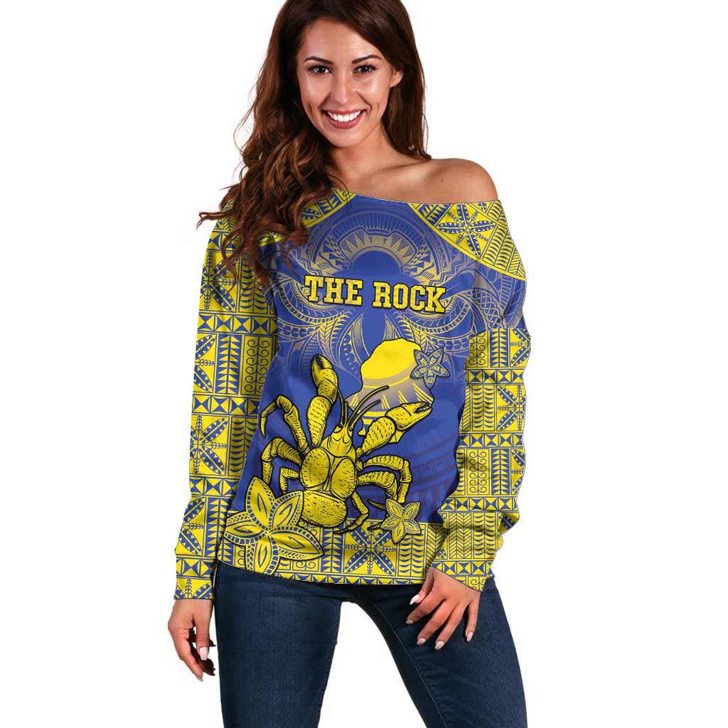Personalised Niue The Rock Off Shoulder Sweater Niuean Crab Hiapo Pattern Blue Version LT05 Women Blue - Polynesian Pride