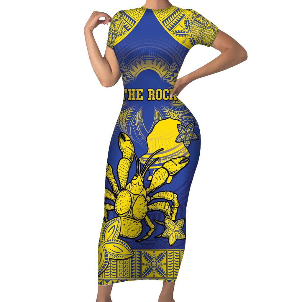 Personalised Niue The Rock Short Sleeve Bodycon Dress Niuean Crab Hiapo Pattern Blue Version LT05 Long Dress Blue - Polynesian Pride