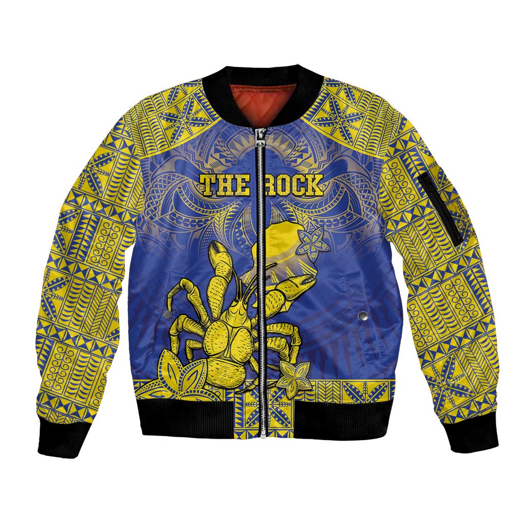 Personalised Niue The Rock Sleeve Zip Bomber Jacket Niuean Crab Hiapo Pattern Blue Version LT05 Unisex Blue - Polynesian Pride