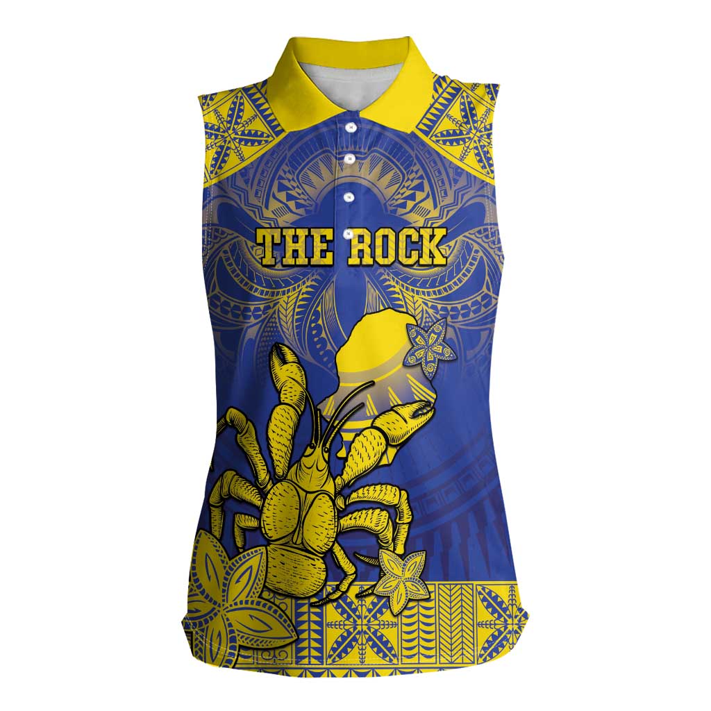 Personalised Niue The Rock Women Sleeveless Polo Shirt Niuean Crab Hiapo Pattern Blue Version LT05 Female Blue - Polynesian Pride