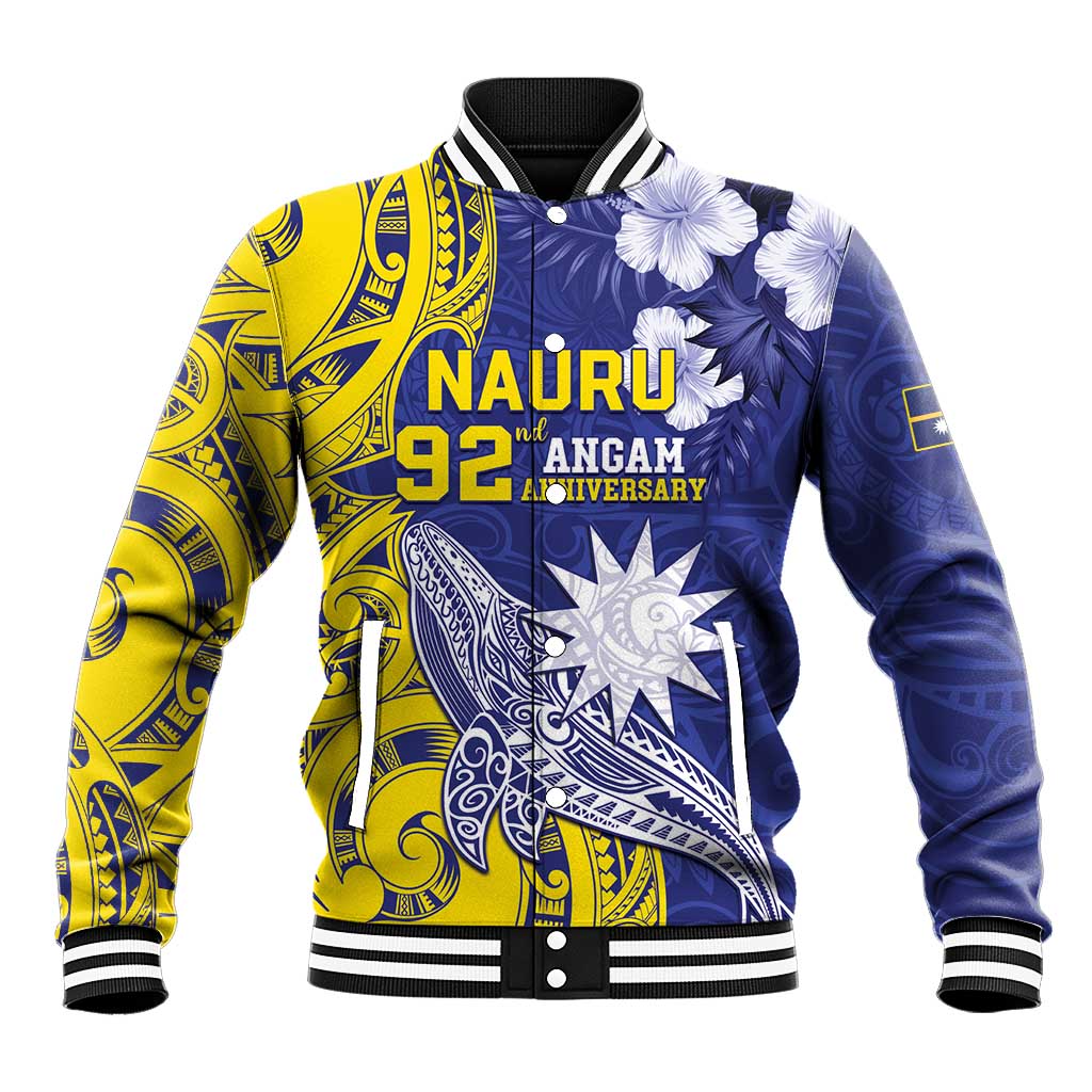 Personalised Nauru 92nd Anniversary Of Angam Baseball Jacket Polynesian Whale Pattern LT05 Unisex Blue - Polynesian Pride