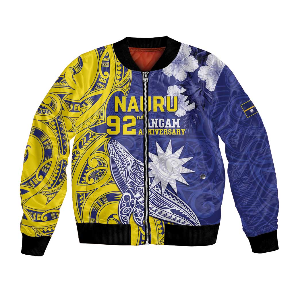 Personalised Nauru 92nd Anniversary Of Angam Bomber Jacket Polynesian Whale Pattern LT05 Unisex Blue - Polynesian Pride
