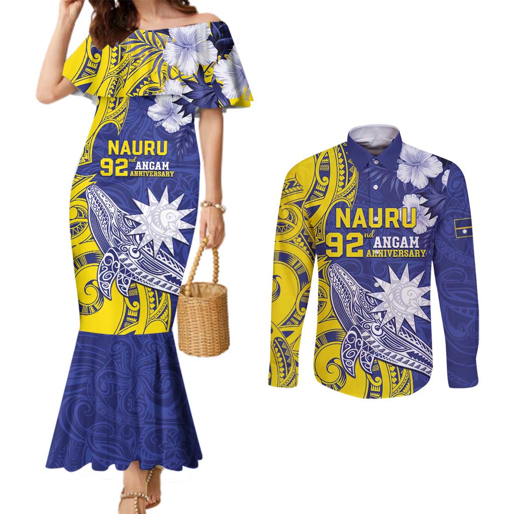 Personalised Nauru 92nd Anniversary Of Angam Couples Matching Mermaid Dress and Long Sleeve Button Shirt Polynesian Whale Pattern LT05 Blue - Polynesian Pride