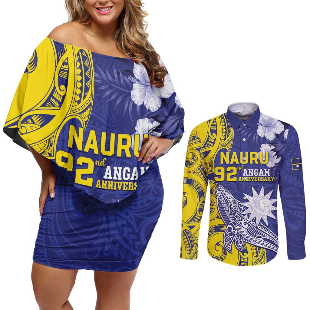 Personalised Nauru 92nd Anniversary Of Angam Couples Matching Off Shoulder Short Dress and Long Sleeve Button Shirt Polynesian Whale Pattern LT05 Blue - Polynesian Pride