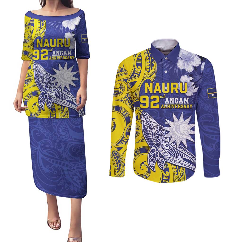 Personalised Nauru 92nd Anniversary Of Angam Couples Matching Puletasi and Long Sleeve Button Shirt Polynesian Whale Pattern LT05 Blue - Polynesian Pride