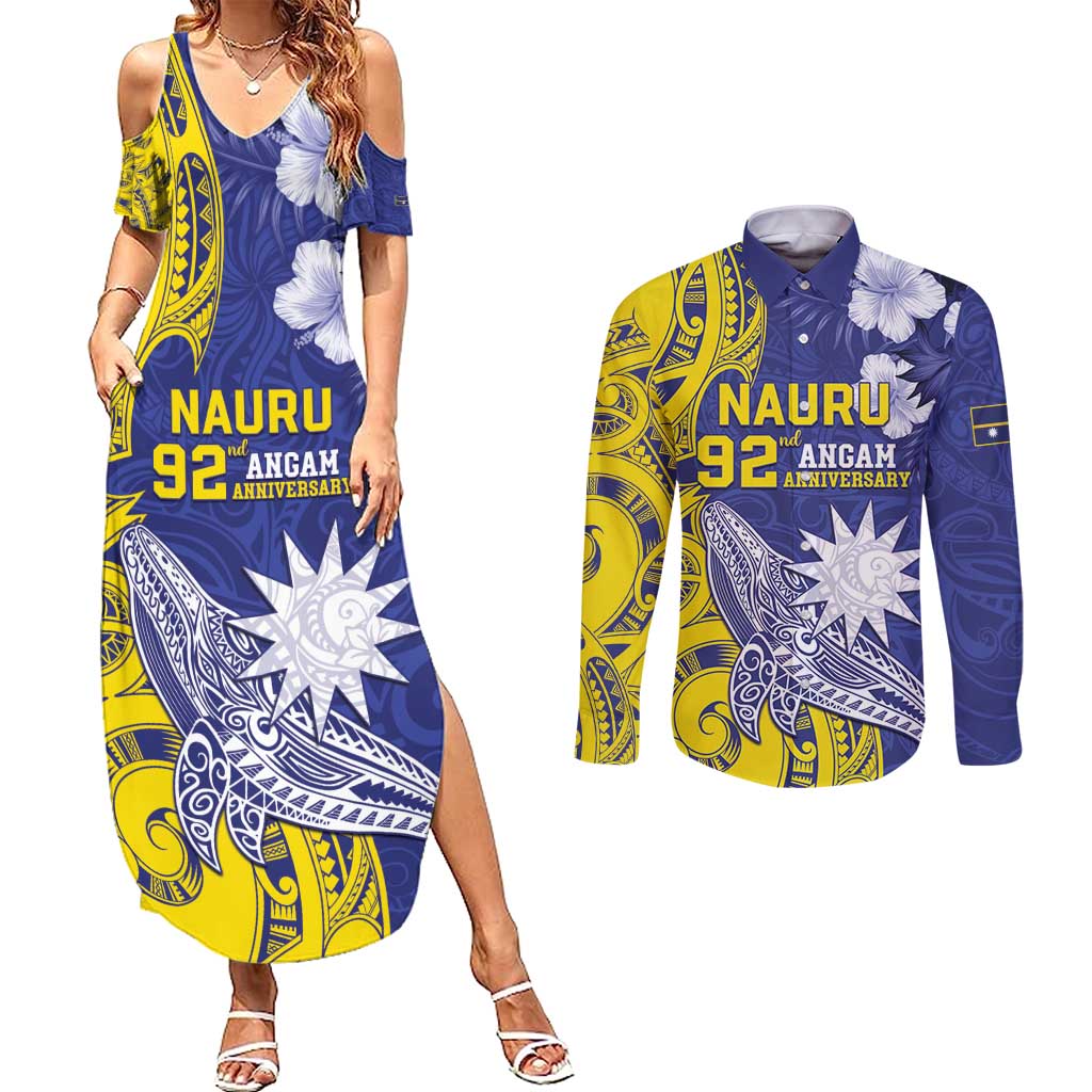 Personalised Nauru 92nd Anniversary Of Angam Couples Matching Summer Maxi Dress and Long Sleeve Button Shirt Polynesian Whale Pattern LT05 Blue - Polynesian Pride