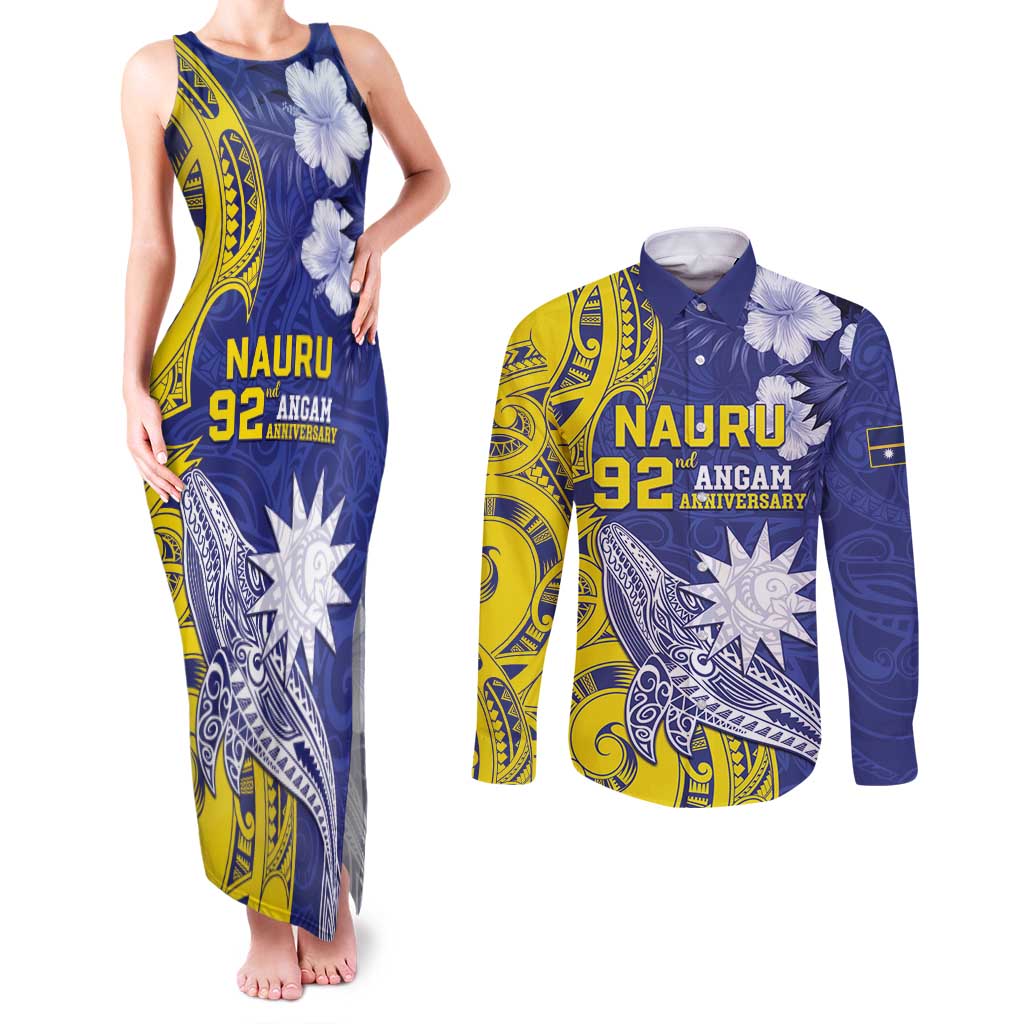 Personalised Nauru 92nd Anniversary Of Angam Couples Matching Tank Maxi Dress and Long Sleeve Button Shirt Polynesian Whale Pattern LT05 Blue - Polynesian Pride