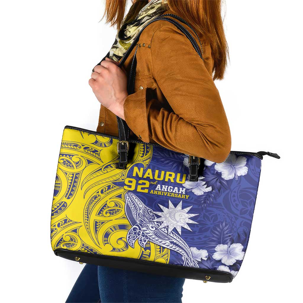 Nauru 92nd Anniversary Of Angam Leather Tote Bag Polynesian Whale Pattern LT05 Blue - Polynesian Pride