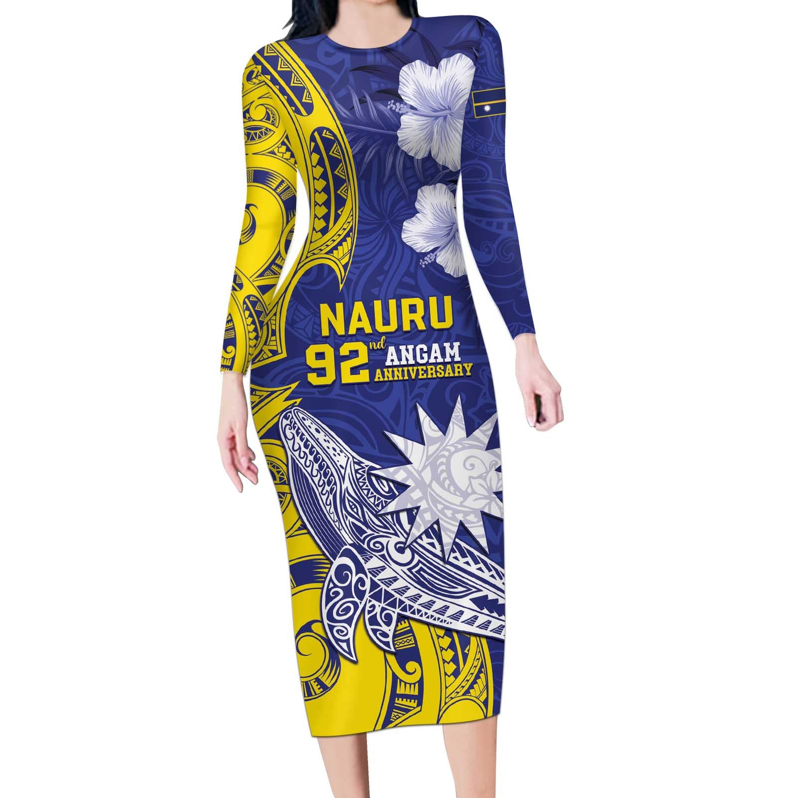 Personalised Nauru 92nd Anniversary Of Angam Long Sleeve Bodycon Dress Polynesian Whale Pattern LT05 Long Dress Blue - Polynesian Pride