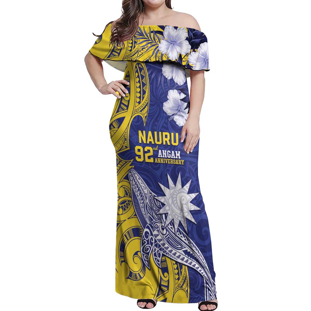 Personalised Nauru 92nd Anniversary Of Angam Off Shoulder Maxi Dress Polynesian Whale Pattern LT05 Women Blue - Polynesian Pride