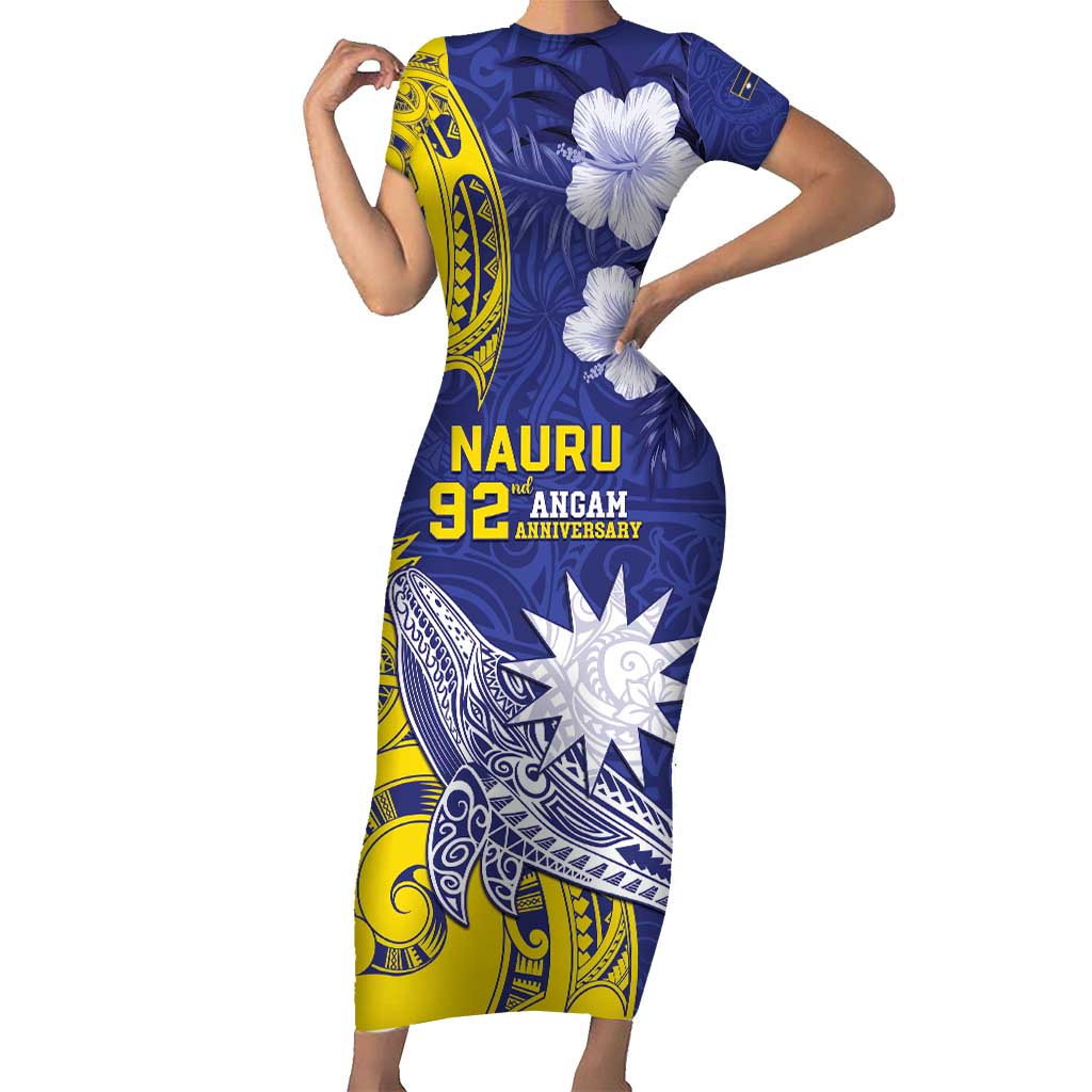 Personalised Nauru 92nd Anniversary Of Angam Short Sleeve Bodycon Dress Polynesian Whale Pattern LT05 Long Dress Blue - Polynesian Pride