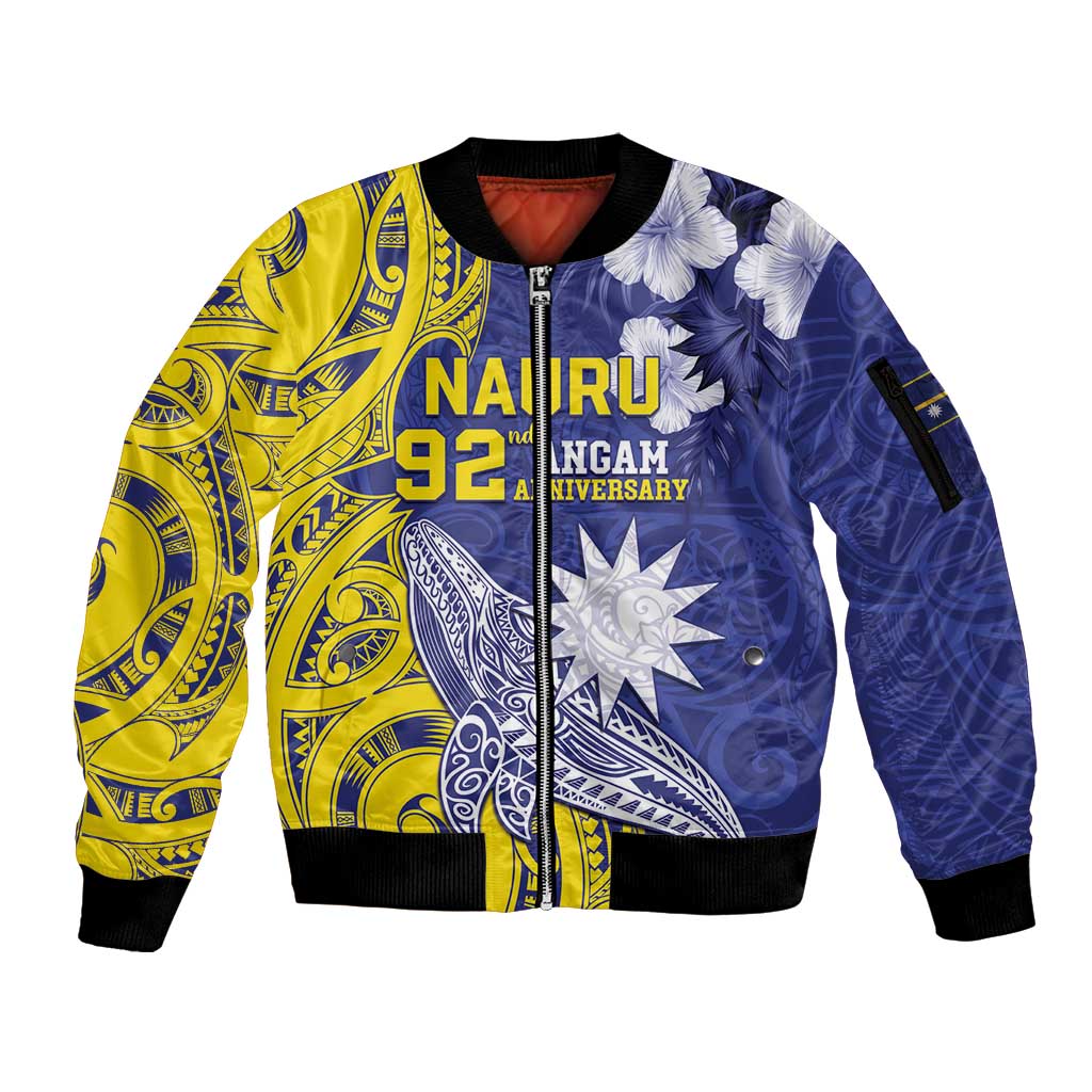 Personalised Nauru 92nd Anniversary Of Angam Sleeve Zip Bomber Jacket Polynesian Whale Pattern LT05 Unisex Blue - Polynesian Pride