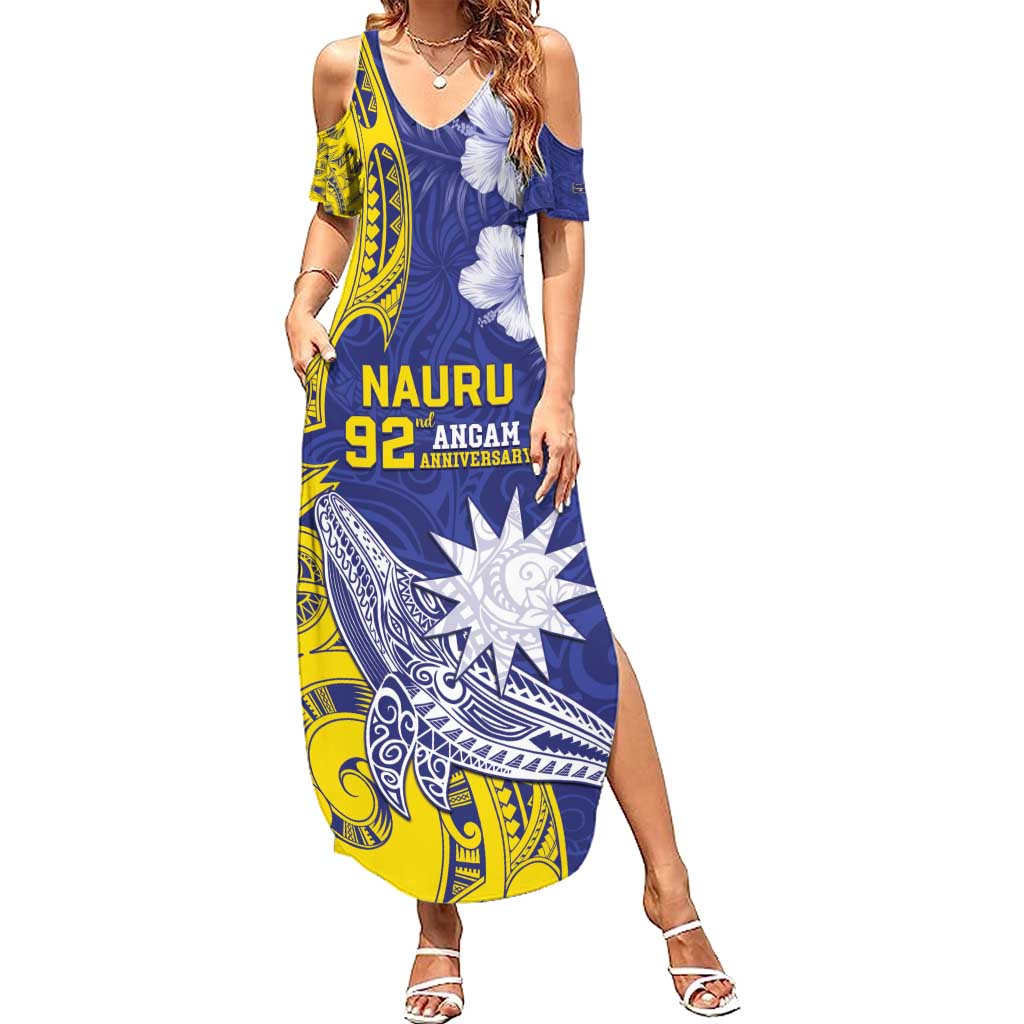 Personalised Nauru 92nd Anniversary Of Angam Summer Maxi Dress Polynesian Whale Pattern LT05 Women Blue - Polynesian Pride