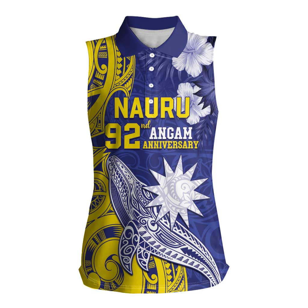 Personalised Nauru 92nd Anniversary Of Angam Women Sleeveless Polo Shirt Polynesian Whale Pattern LT05 Female Blue - Polynesian Pride