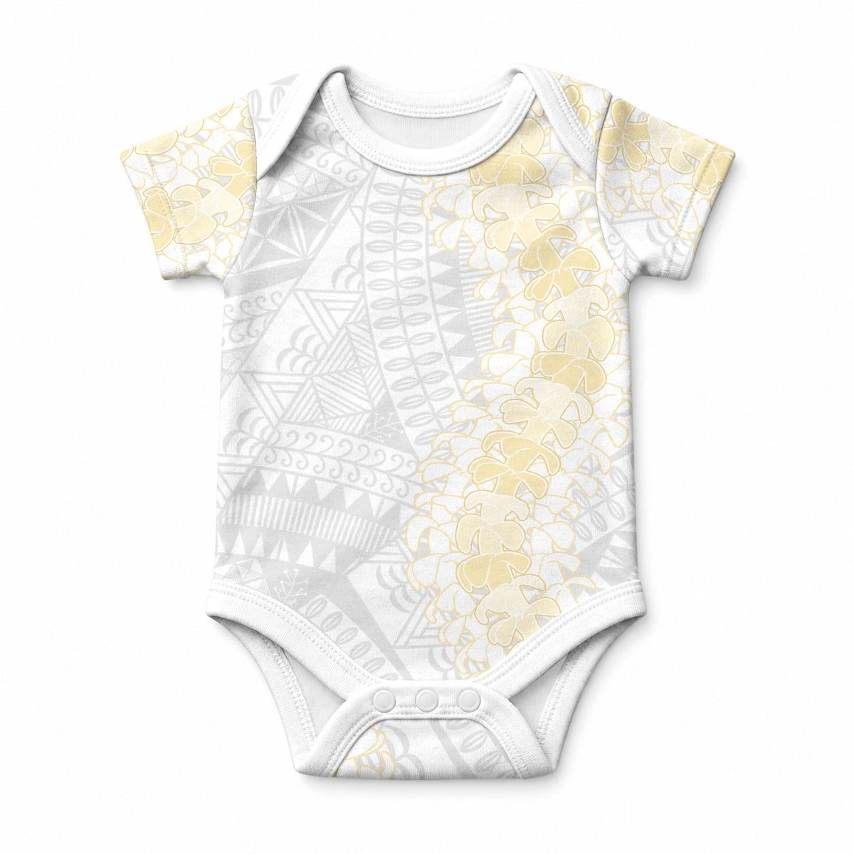 Niue White Sunday Baby Onesie Niuean Hiapo With Puakenikeni Lei