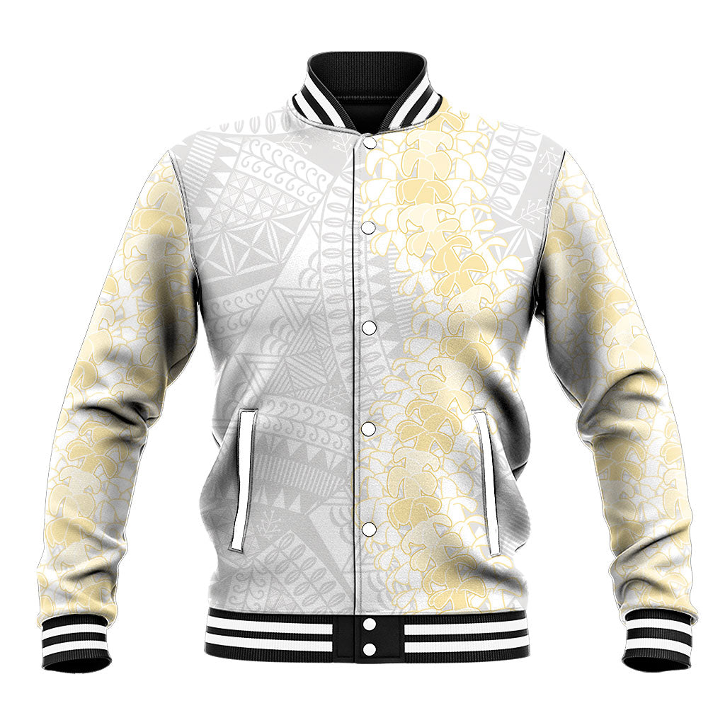 Niue White Sunday Baseball Jacket Niuean Hiapo With Puakenikeni Lei