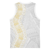 Niue White Sunday Basketball Jersey Niuean Hiapo With Puakenikeni Lei
