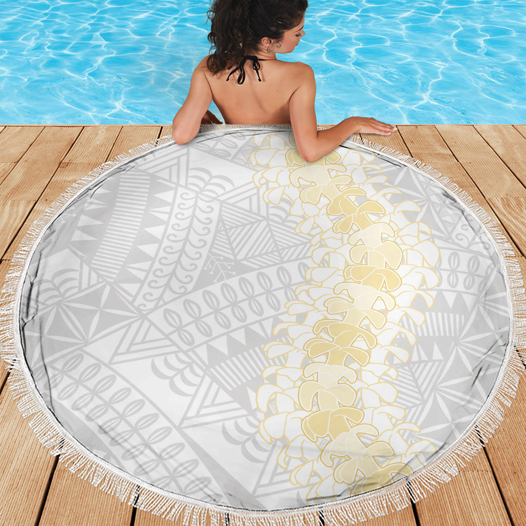 Niue White Sunday Beach Blanket Niuean Hiapo With Puakenikeni Lei