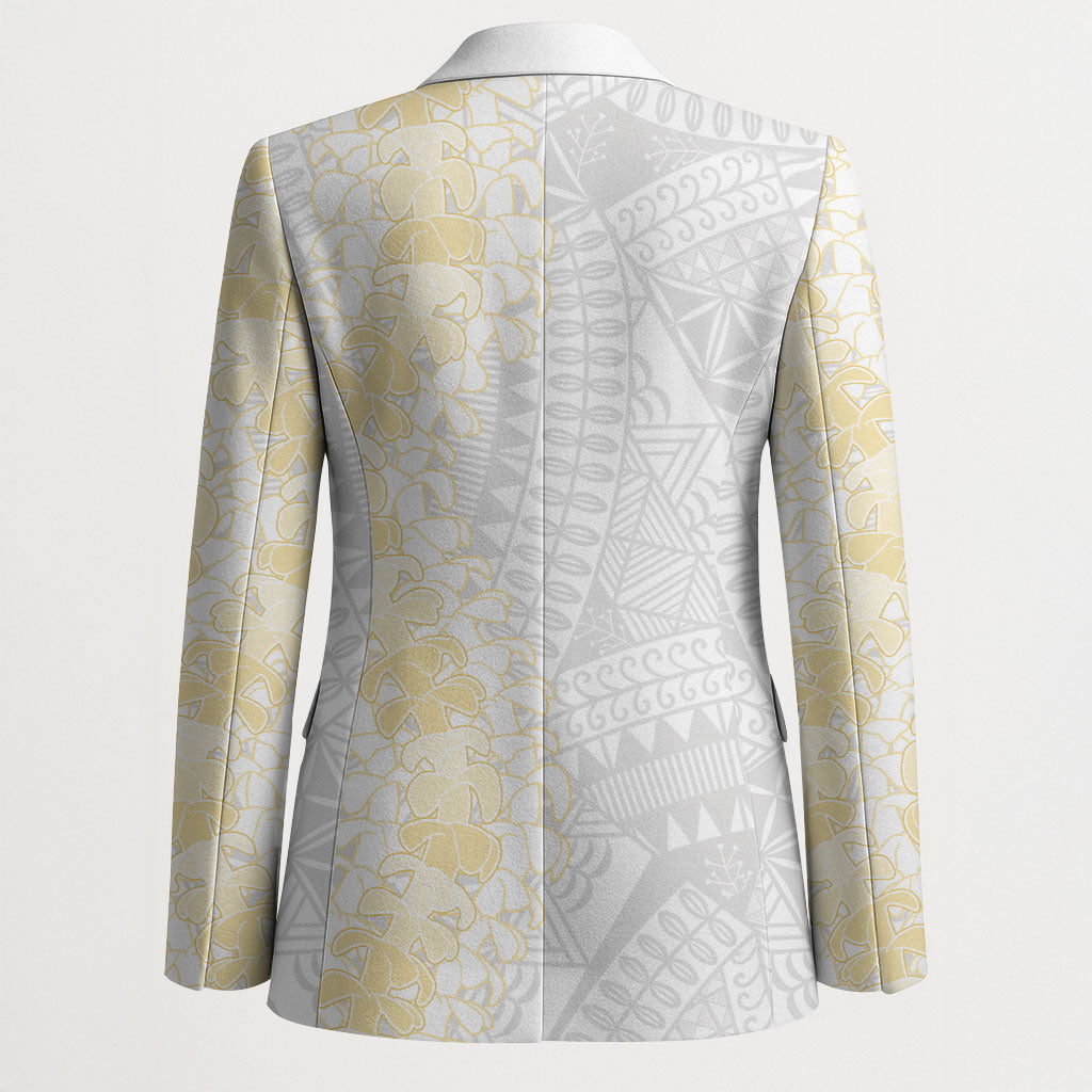 Niue White Sunday Blazer Niuean Hiapo With Puakenikeni Lei