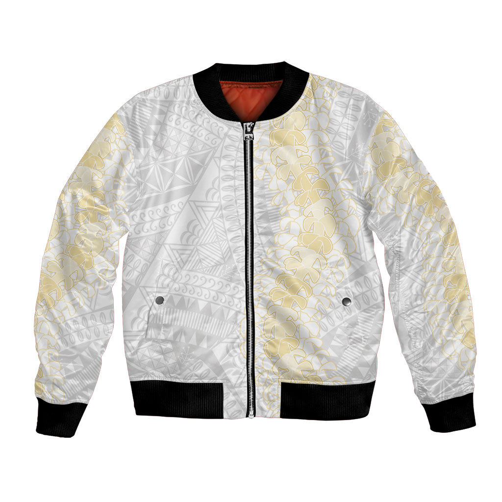 Niue White Sunday Bomber Jacket Niuean Hiapo With Puakenikeni Lei