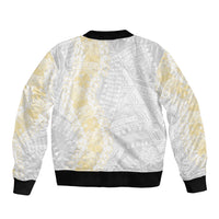 Niue White Sunday Bomber Jacket Niuean Hiapo With Puakenikeni Lei