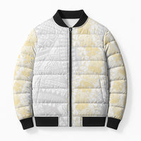 Niue White Sunday Bomber Puffer Jacket Niuean Hiapo With Puakenikeni Lei