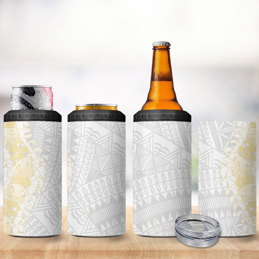 Niue White Sunday 4 in 1 Can Cooler Tumbler Niuean Hiapo With Puakenikeni Lei