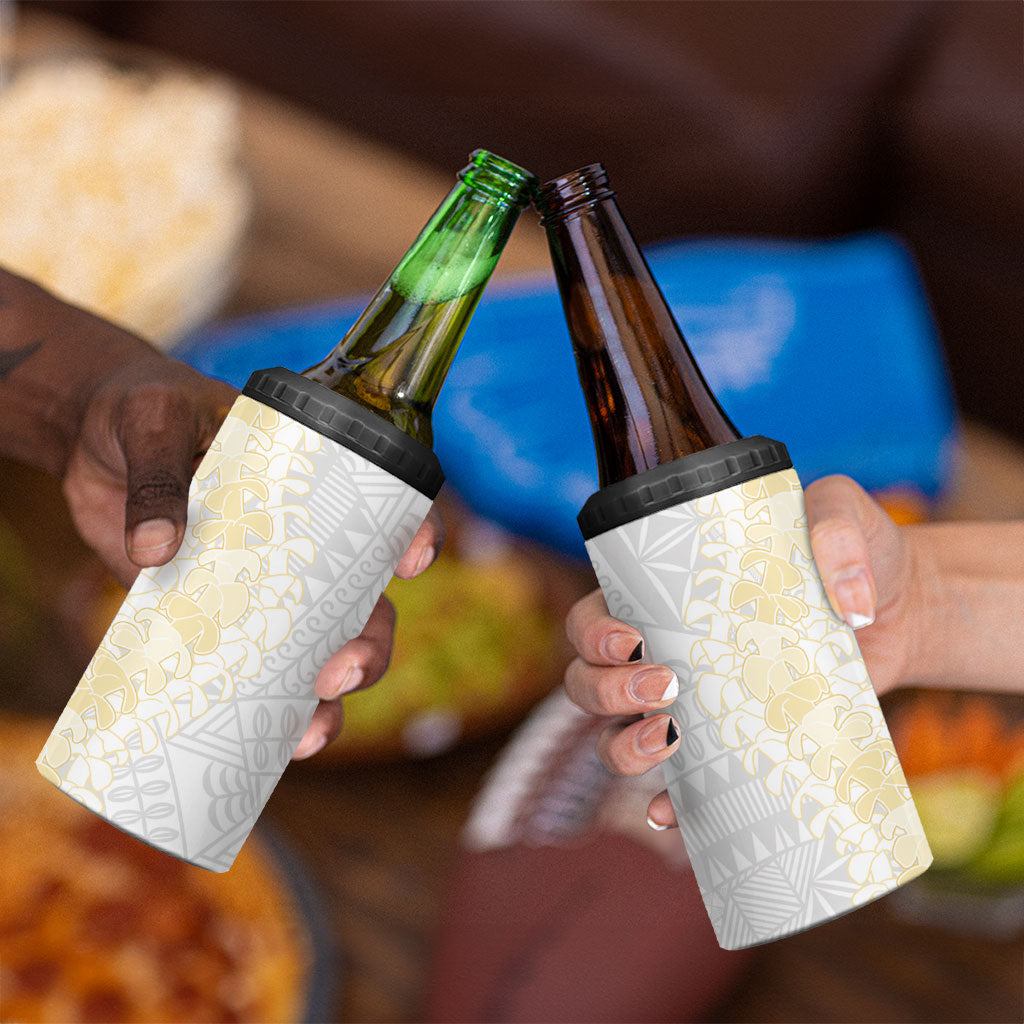 Niue White Sunday 4 in 1 Can Cooler Tumbler Niuean Hiapo With Puakenikeni Lei