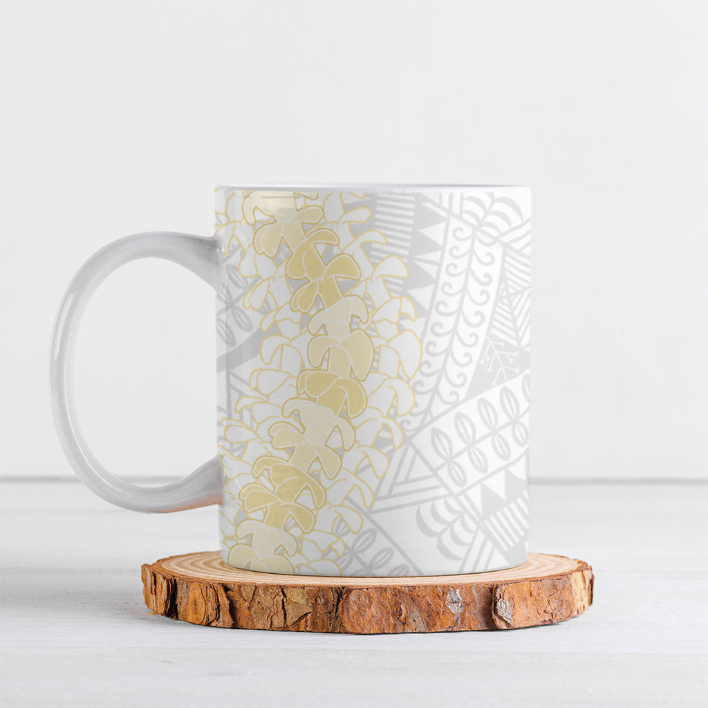 Niue White Sunday Ceramic Mug Niuean Hiapo With Puakenikeni Lei
