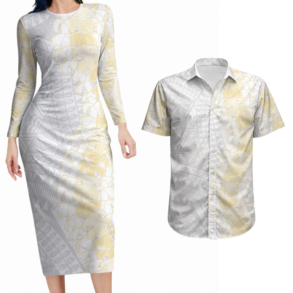 Niue White Sunday Couples Matching Long Sleeve Bodycon Dress and Hawaiian Shirt Niuean Hiapo With Puakenikeni Lei