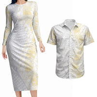 Niue White Sunday Couples Matching Long Sleeve Bodycon Dress and Hawaiian Shirt Niuean Hiapo With Puakenikeni Lei
