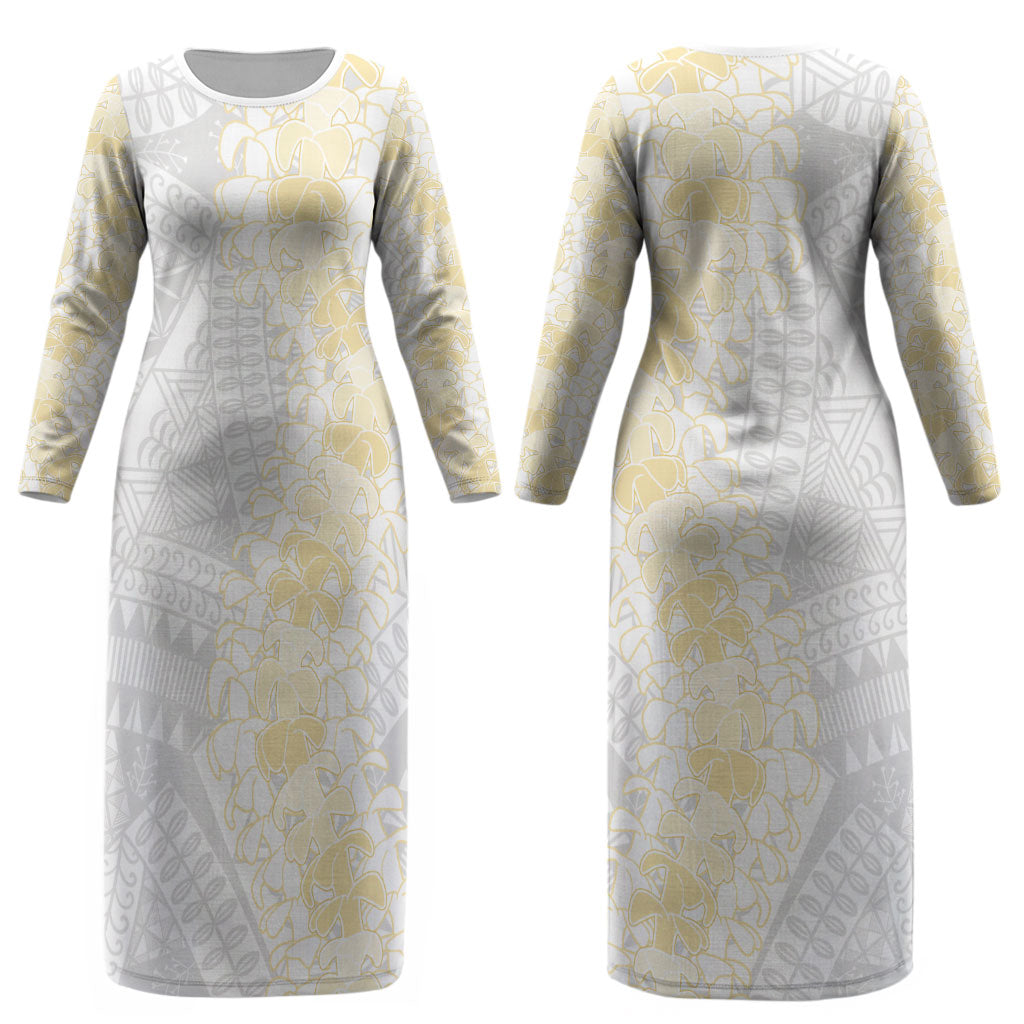 Niue White Sunday Couples Matching Long Sleeve Bodycon Dress and Hawaiian Shirt Niuean Hiapo With Puakenikeni Lei