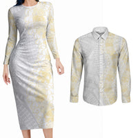 Niue White Sunday Couples Matching Long Sleeve Bodycon Dress and Long Sleeve Button Shirt Niuean Hiapo With Puakenikeni Lei