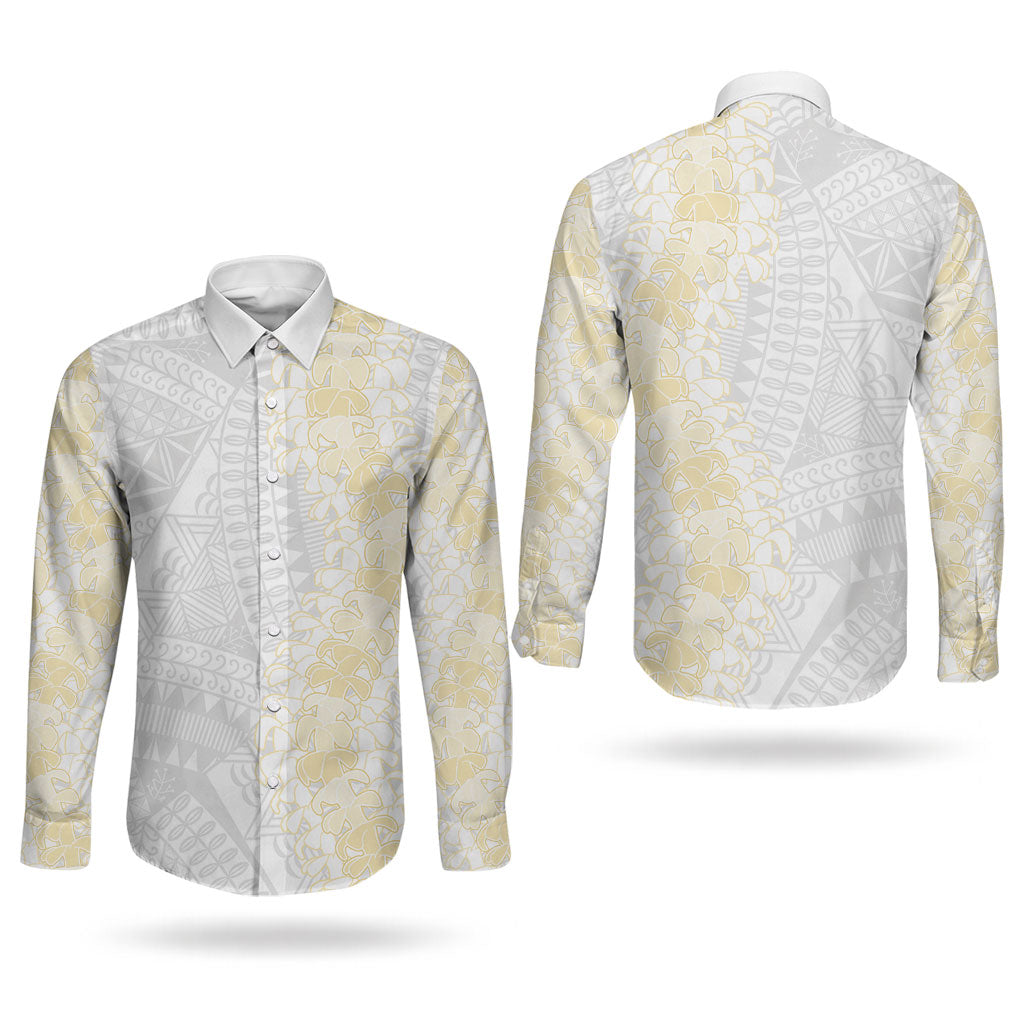 Niue White Sunday Couples Matching Long Sleeve Bodycon Dress and Long Sleeve Button Shirt Niuean Hiapo With Puakenikeni Lei